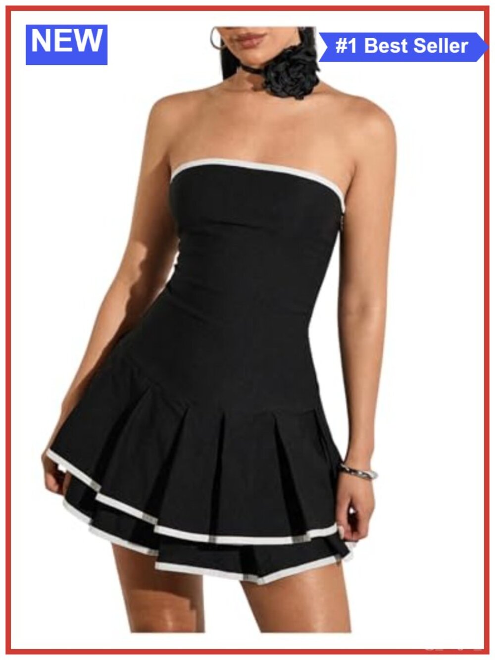 Floerns Contrast Binding Tube Top Pleated A Line Party Mini Dress